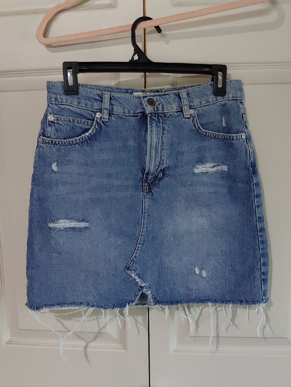 We The Free Distressed Light Blue Denim Mini Skirt